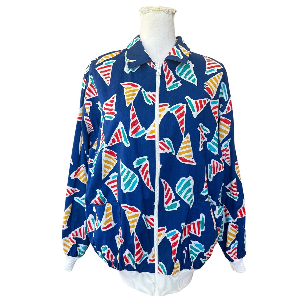 Vintage Reversible Sailboat Print Bomber Jacket Blue Nautical Full Zip Womens L